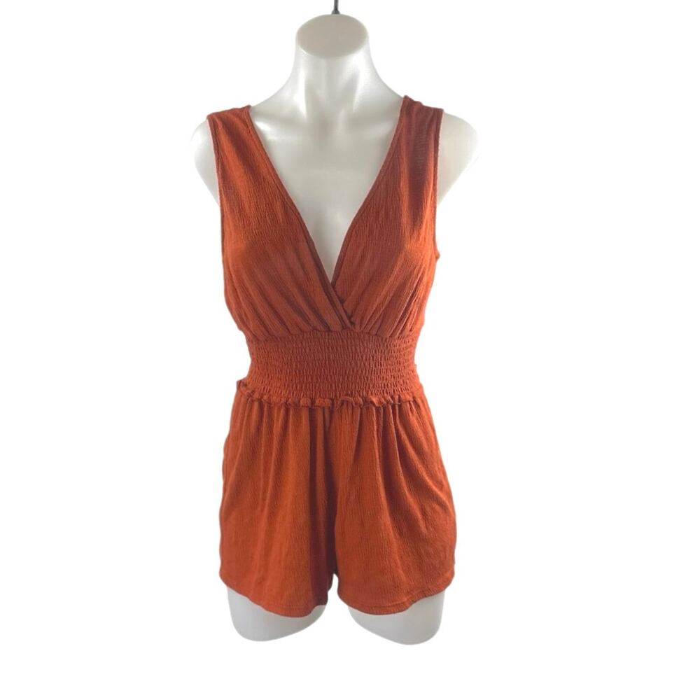 Urban Outfitters Women's Orange V Neck Sleeveless Smocked Tank Romper Jumpsuit S